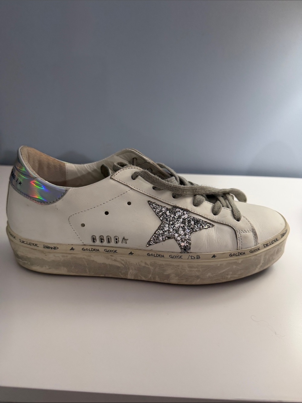 Golden Goose White Leather Hi Star Sneaker with Silver Glitter Star 38 - Picture 13 of 15